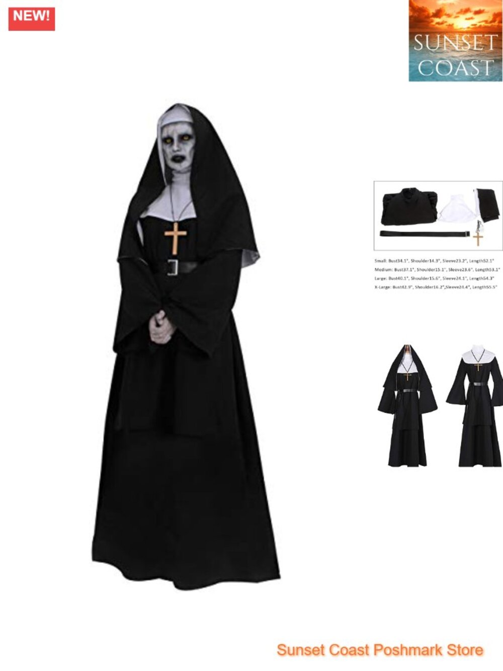 Plus Size Nun Costume Priest Outfit Robe Belt Cross Necklace Halloween